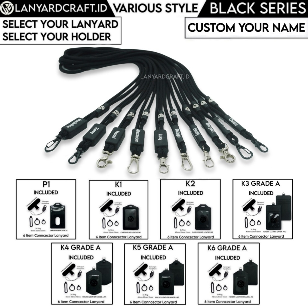 GANTUNGAN Lanyard Craft Perusik Black Series Custom Name / Logo id card Lanyard - V2