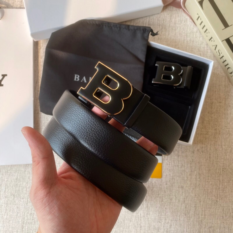 เข็มขัดหัวเข็มขัด BALLY DOUBLE BUCKLE LOGO STRAP หนังเข็มขัดเข็มขัดผู้ชายนําเข้าพรีเมี่ยมคุณภาพฟรีกล