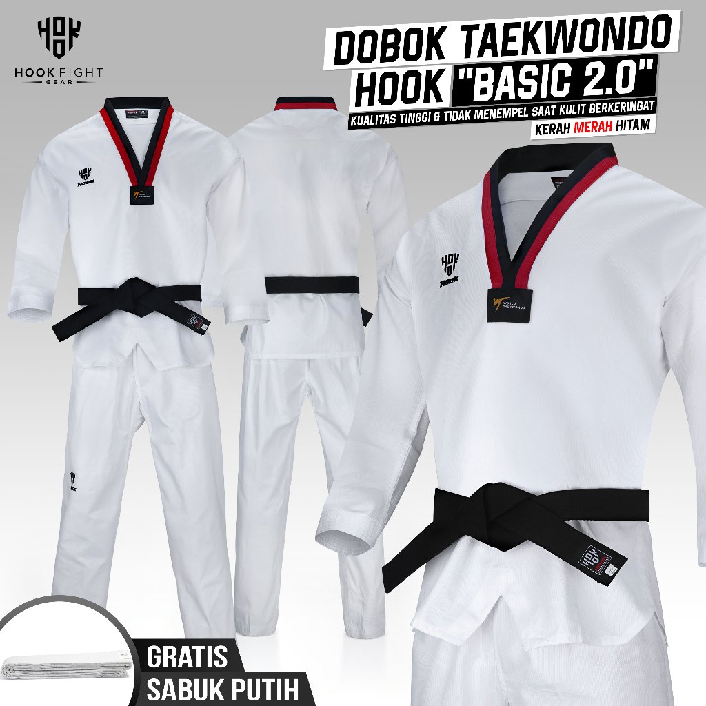 MERAH Taekwondo Uniform Hook Basic Taekwondo Clothes Red Black Collar Hook Dobok Taekwondo Uniform B