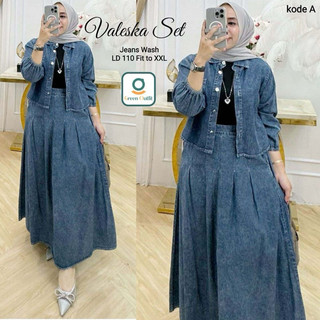 valeska set oreta rok stelan setelan m 2in1 baju pakaian blouse bahan jins jens wash wanita cewe cewek remaja dewasa muslim ukuran jumbo size xxl ld 110 adem motif polos ori original premium modern elegant murah kekinian terbaru termurah new arrival 2024