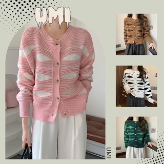 【Promosi Harga Rendah】UMI-Cardigan Rajut Sweater Korean Santai Round Neck Setrip Baju Knitwear Wanita