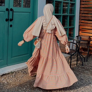 PROUDYHIJAB - Suzy Dress Wanita Korean Vintage Pudar Katun Salur Busui Friendly Resleting Depan Murah