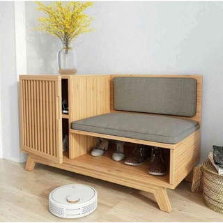 BANGKU RAK SEPATU RETRO MINIMALIS SCANDINAVIAN KAYU JATI MIX ROTAN