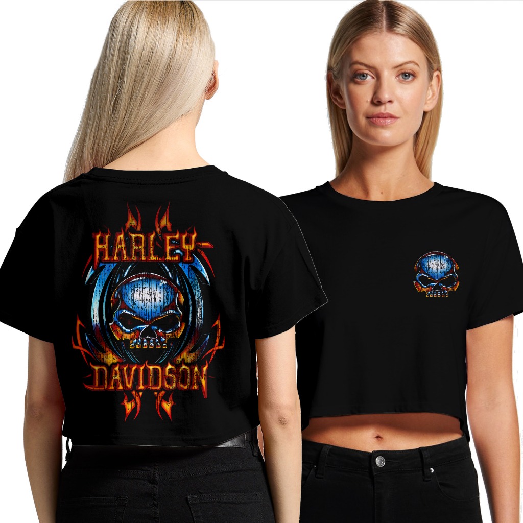 เสื้อยืด Harley Davidson Skull Chrome Vintage Crop Top - หนา 24s วัสดุพรีเมี่ยม - เสื้อยืดผู้หญิง Ha