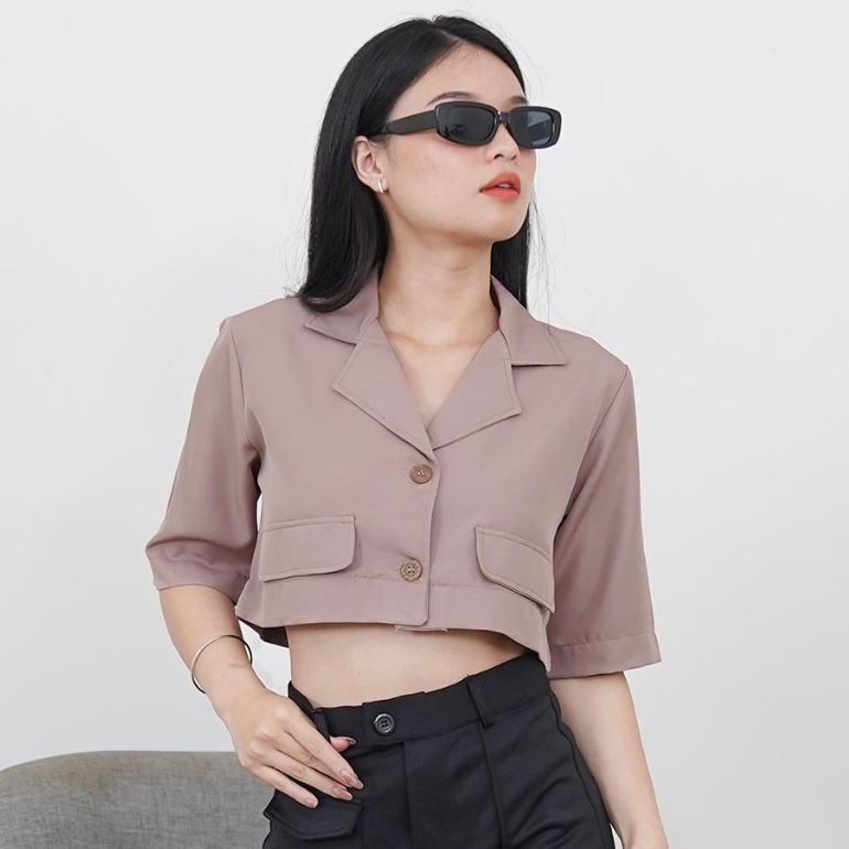 Hennesy เสื้อคอวี Top Crop Blazer Twill - ผู้หญิง & 39; s Crop Top VNeck ผู้หญิง & 39; s แฟชั่นสบายๆ