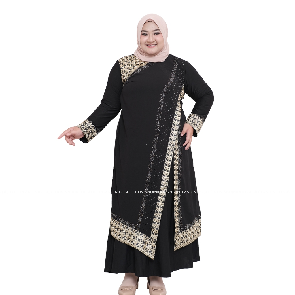 Hitam Andinicollection Abaya ตุรกี 115 Amarta EXTRA JUMBO LD 130-135 สีดําผู้ใหญ่มุสลิมหรูหราเย็บปักถักร้อยและเลื่อม