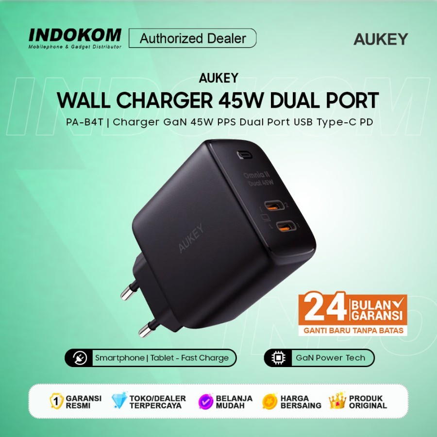เครื่องชาร์จ Aukey PA-B4T Dual Port Type-C 45W GaN PD 3.0 ชาร์จเร็ว