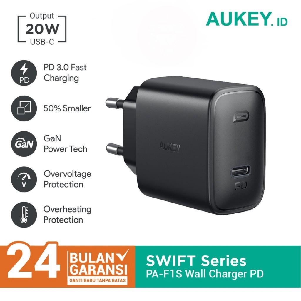 Aukey Wall Charger PA-F1S 20W C to C PD Ultra Compact พร้อม PD 3.0 - 500723 การรับประกันอย่างเป็นทาง