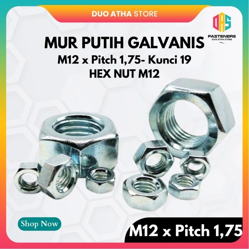 M12 x Pitch 1.75 น็อตชุบสังกะสี / M12 สังกะสี Hex Nut สีขาว