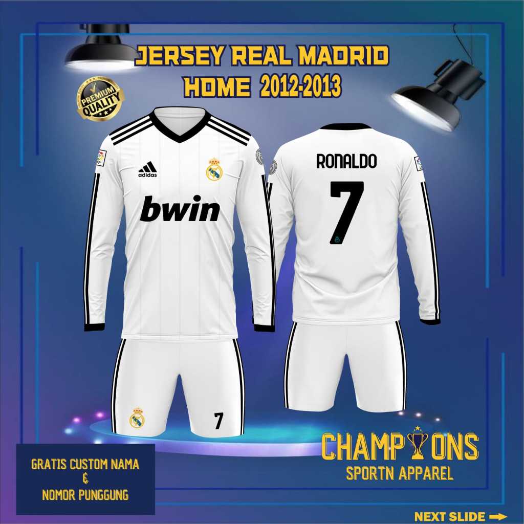 เสื้อกีฬาแขนยาว ลายทีม Real MADRID HOME BWIN Club Jersey 2012-2013 UEFA Champions League Ronaldo Jersey ทําจาก Dryfit ฟรีชื่อและตัวเลขที่กําหนดเอง สําหรับเด็ก และผู้ใหญ่