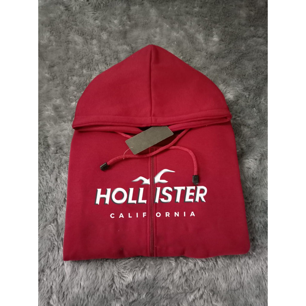 MERAH STM Hollister California Zipper Red Jacket / Stm Who Au Hoodie สําหรับผู้ชายและผู้หญิงพร้อมข้อ