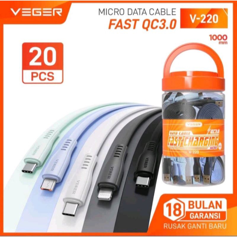 VEGER MICRO V-220 Flat Macaron Data Cable Veger V220 micro data Cable ต่อขวดเนื้อหา 20 ชิ้น