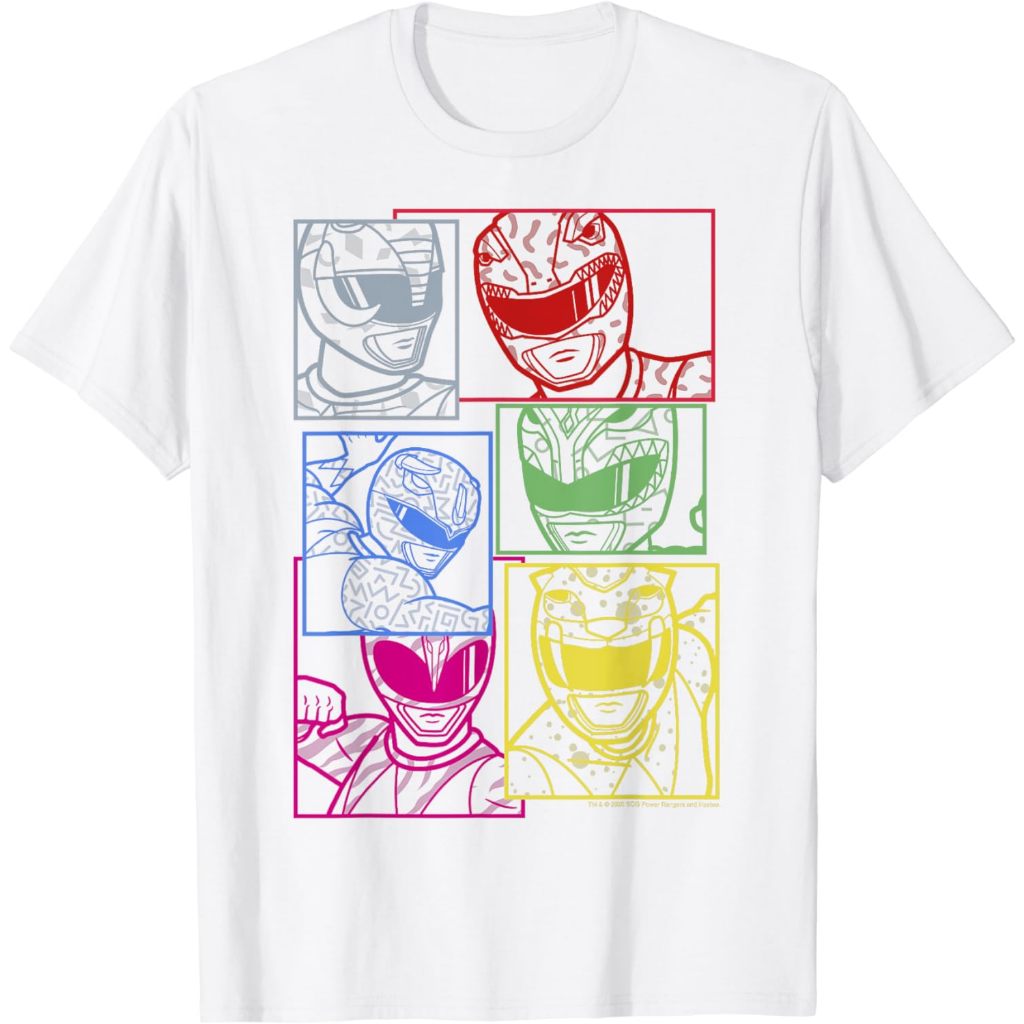 เสื้อยืด พิมพ์ลาย Power Rangers Group Shot Color Silhouette Line Art Panels พรีเมี่ยม