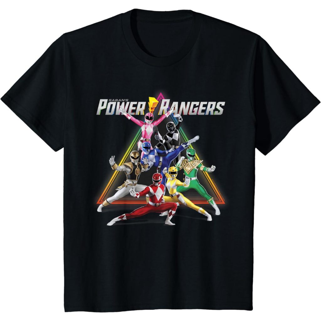 เสื้อยืด พิมพ์ลายพีระมิด Power Rangers สีรุ้ง สไตล์เรโทร สําหรับเด็ก