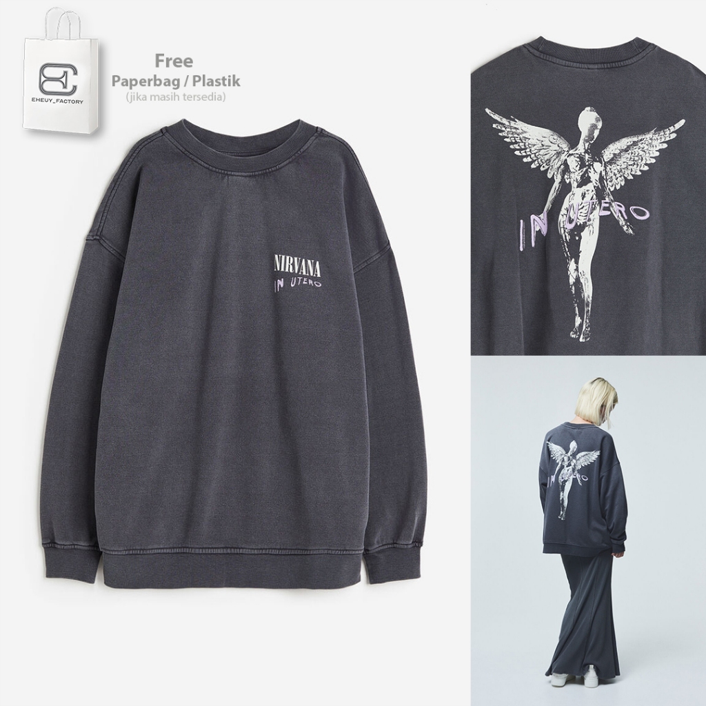 Katun HITAM Crewneck HM NIRVANA IN UTERO Fairy Original BlackWash สีดํา Buuk เสื้อกันหนาวล้างผู้หญิง