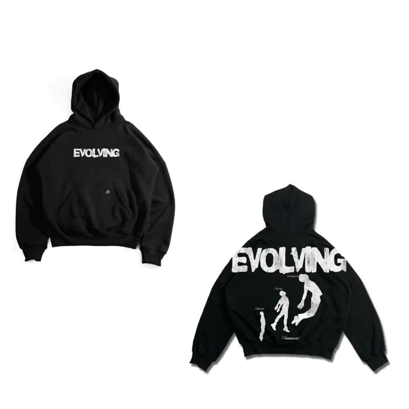 Boxy Hoodie สีดําสีขาว Oversize Evolving ผู้ชายผู้หญิง