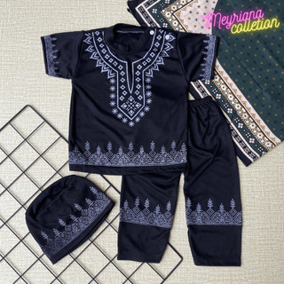 Baju Celana Setelan Koko Bayi Baju Bayi Muslim Ramadan Lebaran Bonus Peci Usia 3-12 Bulan Meyriana Collection