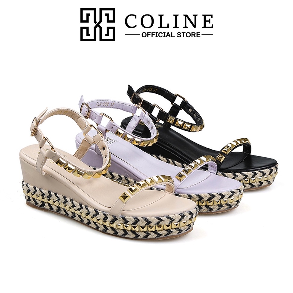ส่งทันที COLINE CLN689 Womens Studded Wedge Sandals 7cm C1142