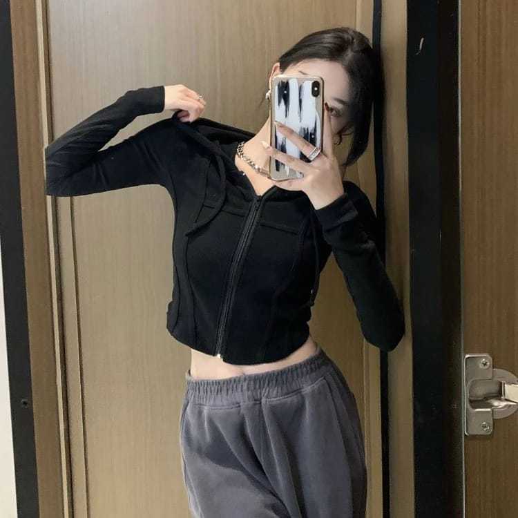 เสื้อแจ็คเก็ตผ้าถัก croope haerin ใหม่ เสื้อครอปมีฮู้ดมีซิปสําหรับผู้หญิง