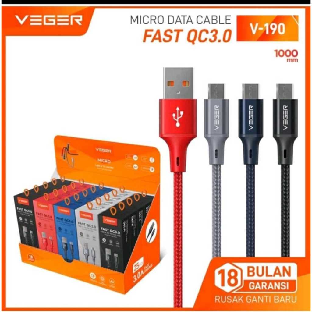 VEGER V190 MICRO, V200 TYPE C, V210 LIGHTNING 3A สายเคเบิลข้อมูลชาร์จเร็ว OFFICIAL ORIGINAL รับประกั