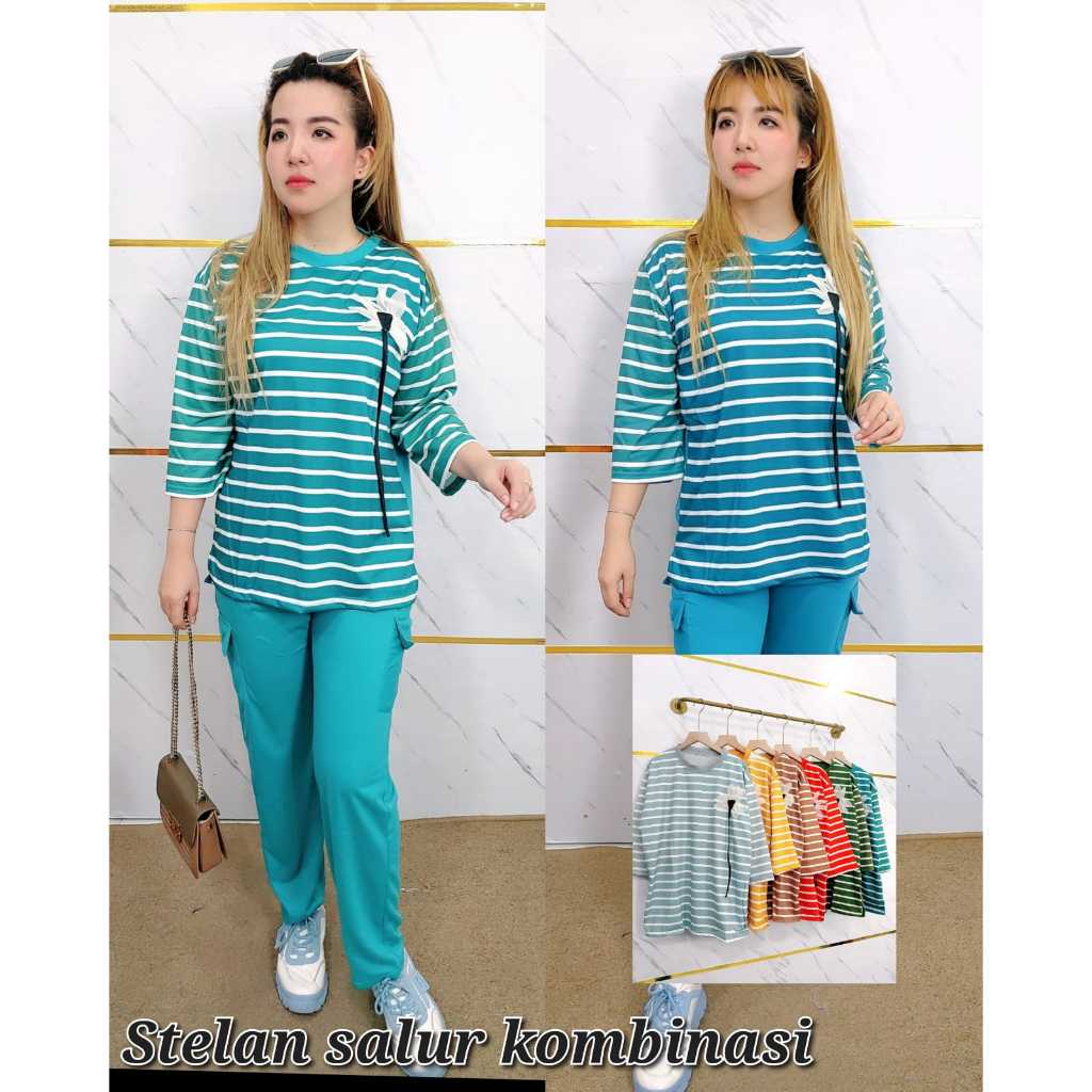 YM yimie ชุดสูทแฟชั่น oneset สําหรับผู้หญิงผู้ใหญ่ || AG 888 - apk flower ชุดลายทางใหญ่ & กางเกงคาร์