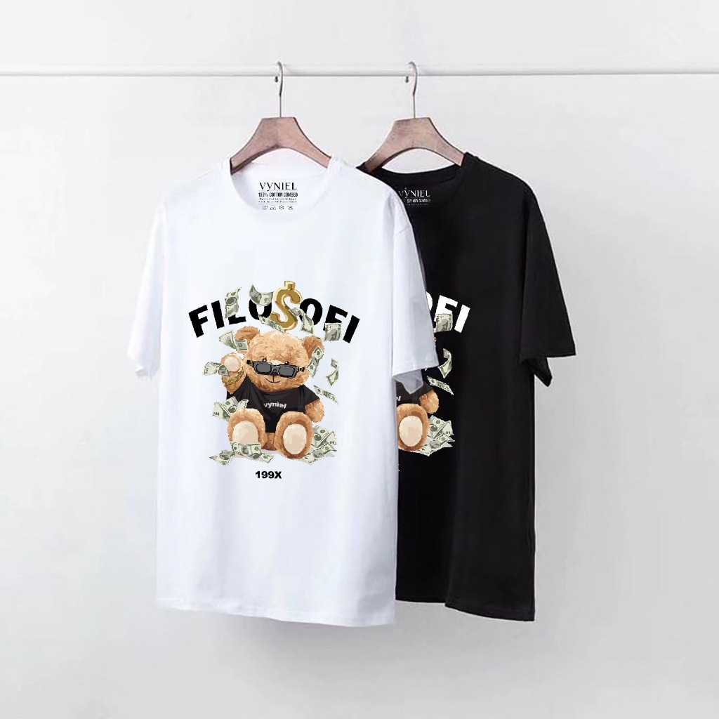 Vyniel Kaos Tshirt Oversize Bear Dollar 100% วัสดุผ้าฝ้าย Tiedye 30s ผู้ชายผู้หญิง