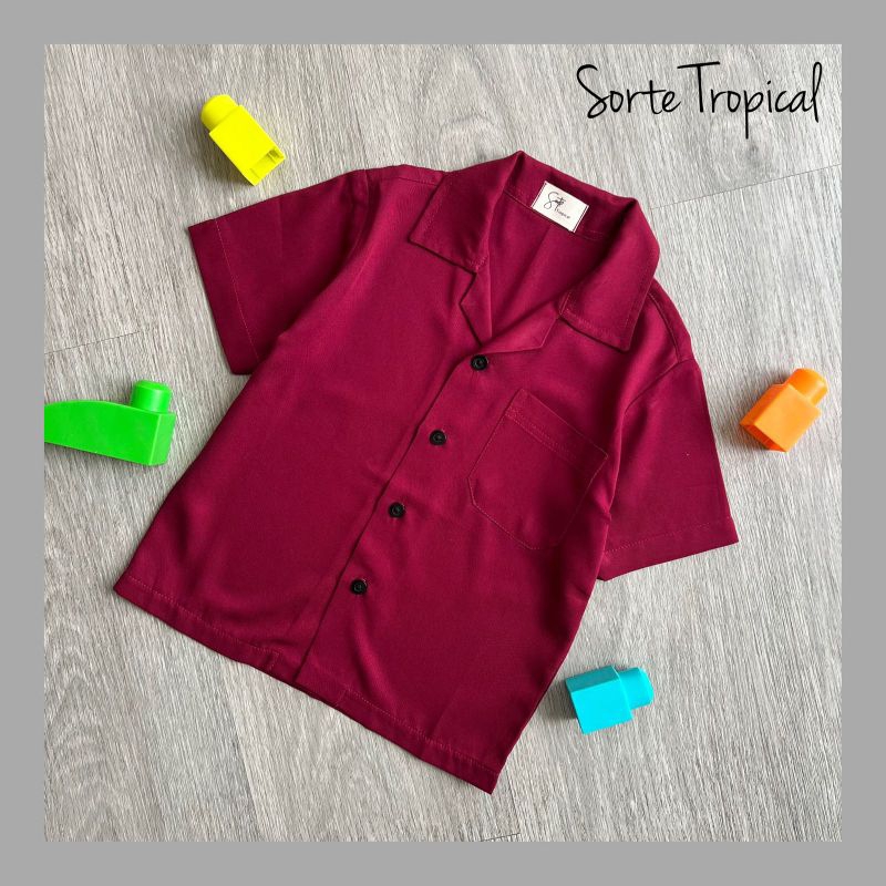 Kemeja MERAH Sorte TRPICAL - เสื้อเชิ้ตชายหาดฮาวายสําหรับเด็ก Unisex Casual Plain Rayon Maroon Red