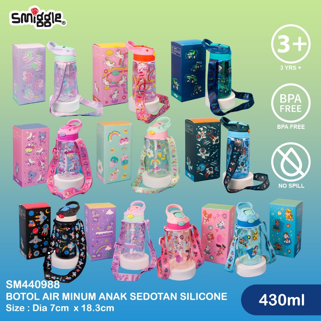 Smiggle ใหม ่ BLAST OFF junior Kids ขวดน ้ ําดื ่ มหลอดซิลิโคน 430ml BPAFREE SM440988