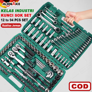 MONAKE Kunci Sok Set 12/32/37/46/53/61/82/94 pcs Set 1/2'' and 1/4'' inch Set Lengkap Kunci Mata Sok Potong Kunci Pas Alat Set Cincin 24 gigi Wrench Rachet alat perkakas lengkap motor Rachet Handle Multifungsi kunci MQ-1/4-12