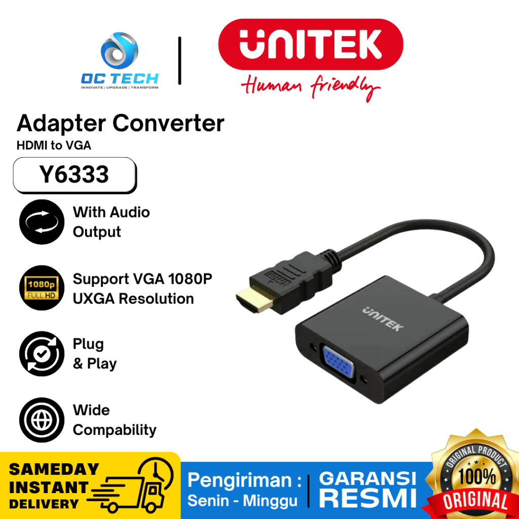 อะแดปเตอร์แปลง HDMI เป็น VGA 1080P พร้อมตัวแปลงเสียง UNITEK Y6333 Y-6333 ของแท้การรับประกันอย่างเป็น