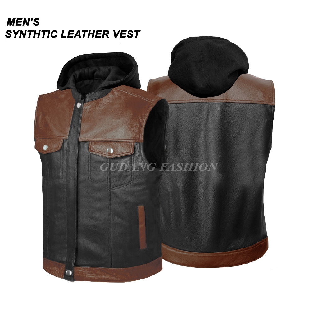 Men & 39;s Leather Vest Leather Bikers Motorcycle Touring Vest เสื้อกั๊กมีฮู้ดหนังสังเคราะห์
