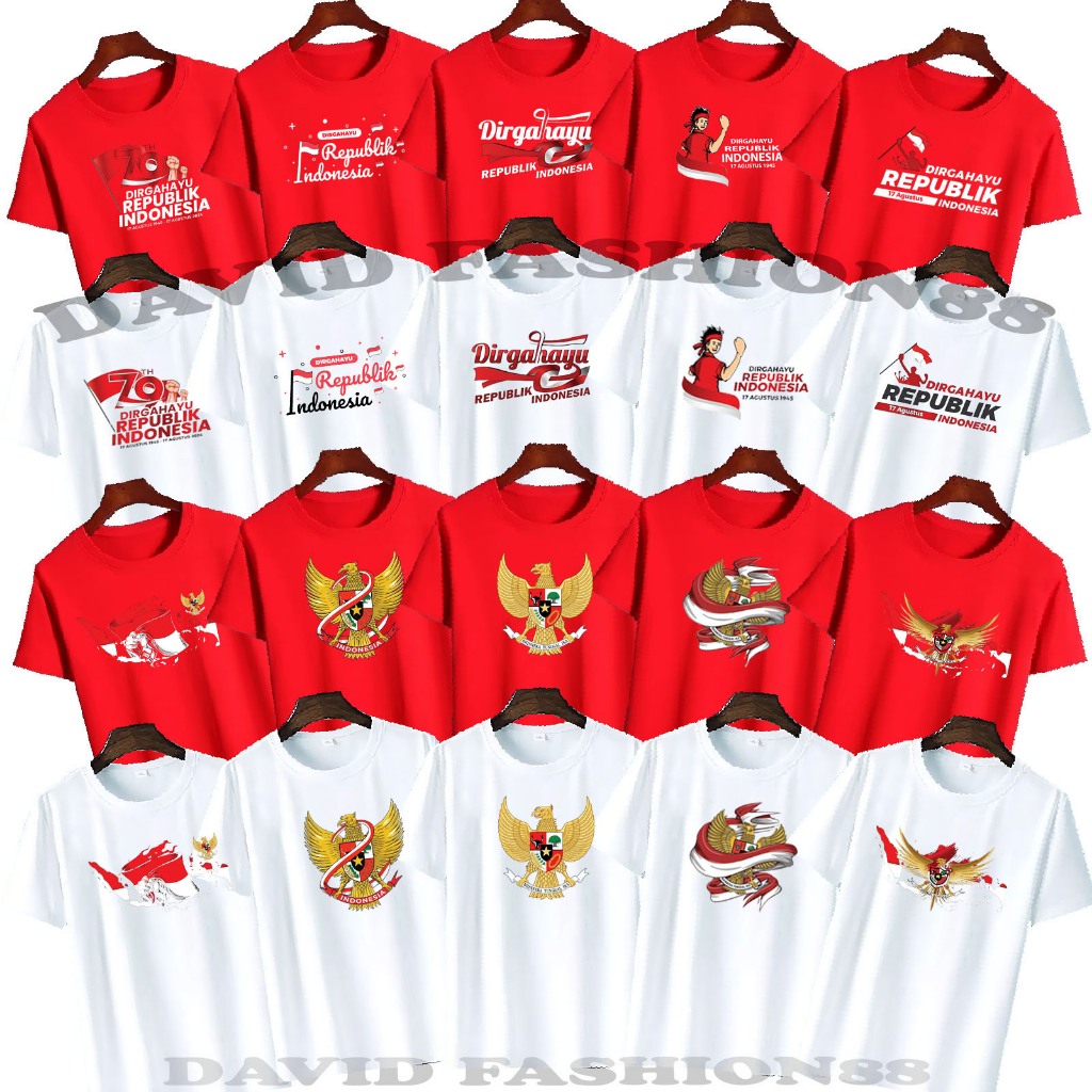 KATUN MERAH COMBED COTTON เสื้อยืดสีแดงและสีขาวรุ่นผู้ใหญ่ผู้ชายและผู้หญิงแขนสั้นวันที่ 17 DIRGAHAWA