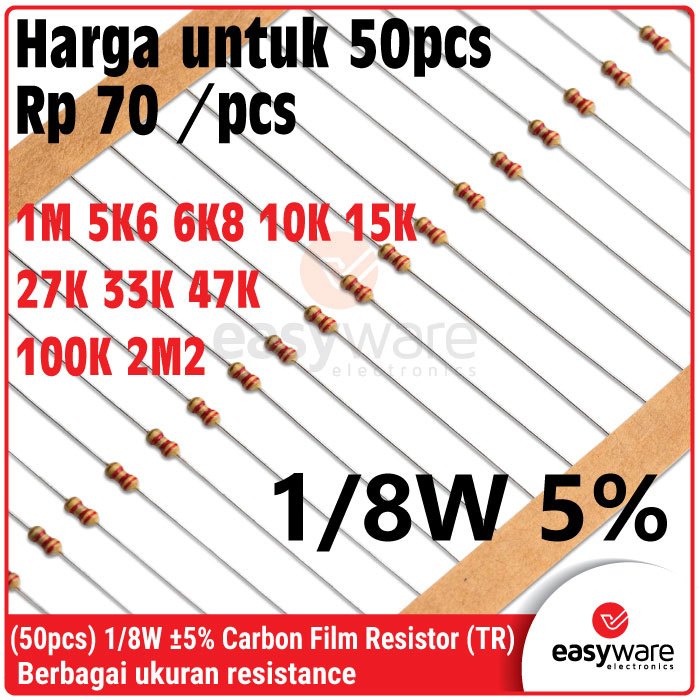 ตัวต้านทานฟิล์มคาร์บอน 50x 1/8W 5% 5K6 6K8 10K 15K 27K 33K 47K 100K 1M 2M2