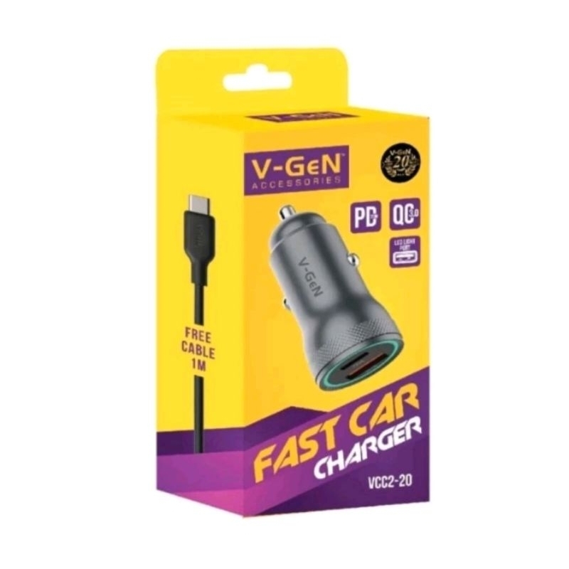 Fast Car Charger ต้นฉบับ V-GEN VCC2-20 1USB + USB Type-C PD 20W QC3.0 โลหะ Saver รถ VGEN LED ฟรีสาย 