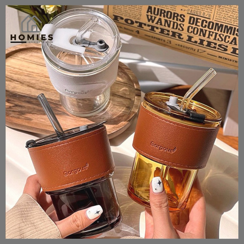 400 ML AESTHETIC แก้วเครื่องดื่มขวด PLUS กล่อง / แก้วแก้ว AESTHETIC พร้อมซองหนัง + ต้านทานความร้อน TRANSPARENT STRAW