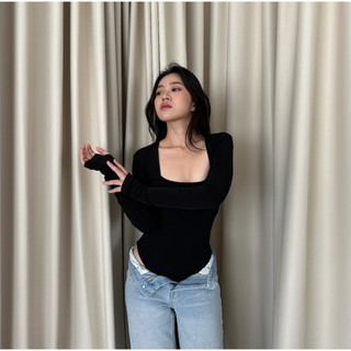 SomethingSweet - SOPHIA Bodysuit Wanita l Atasan Wanita l Bodysuit Basic Lengan Panjang l Leher Kotak Wanita l Long Sleeve Polos l Kaos Spandex Perempuan l Ladies Square Neck