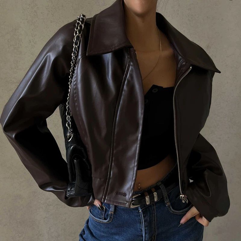 Hot yorj.id Jacket หนังผู้หญิงเสื้อแจ็คเก็ตหนังครอปล่าสุด