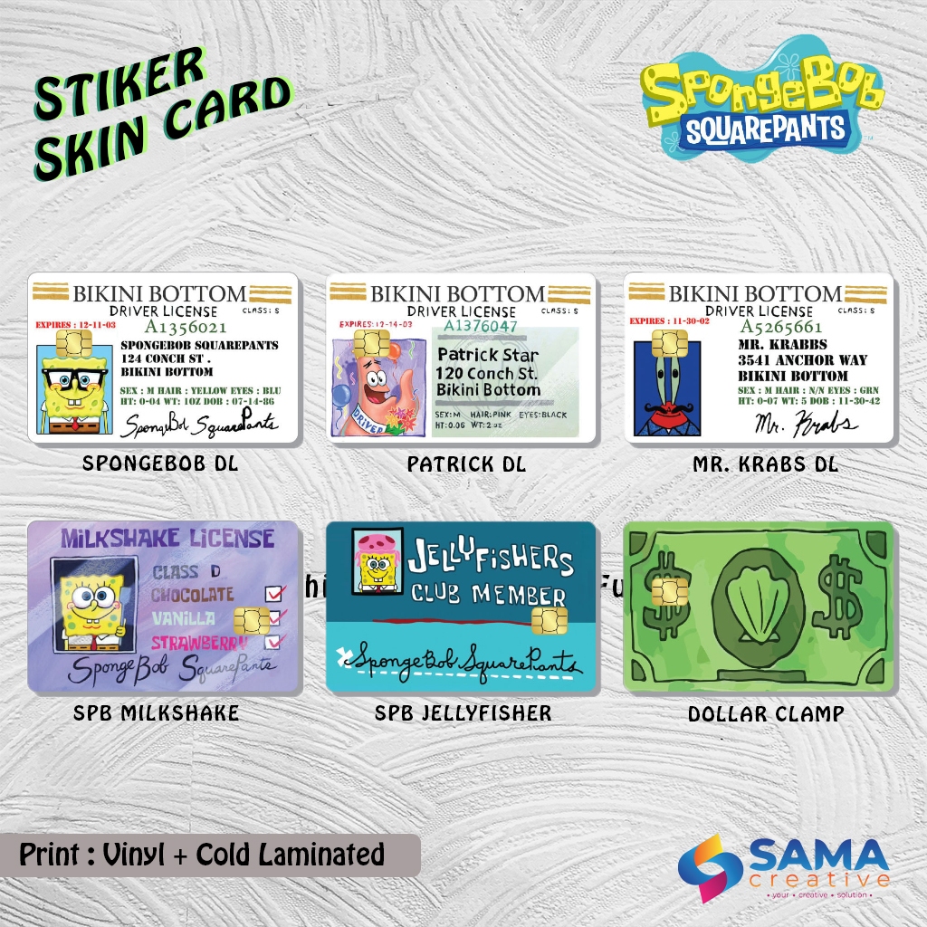 การ์ดผิวสติ๊กเกอร์ Spongebob & Friends - ATM Vinyl Debit Credit, Emoney, Flazz, สติ๊กเกอร์การ์ดการเข้าถึง