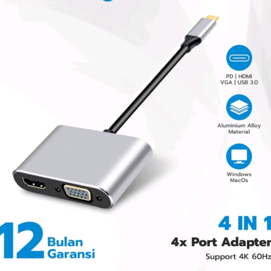 ฮับ USB Type C Hub 3.0 UNITECH อะแดปเตอร์ 4 in 1 ขยาย USB 3.0 + Type C PD 87W + HDMI 4K + VGA 1080p