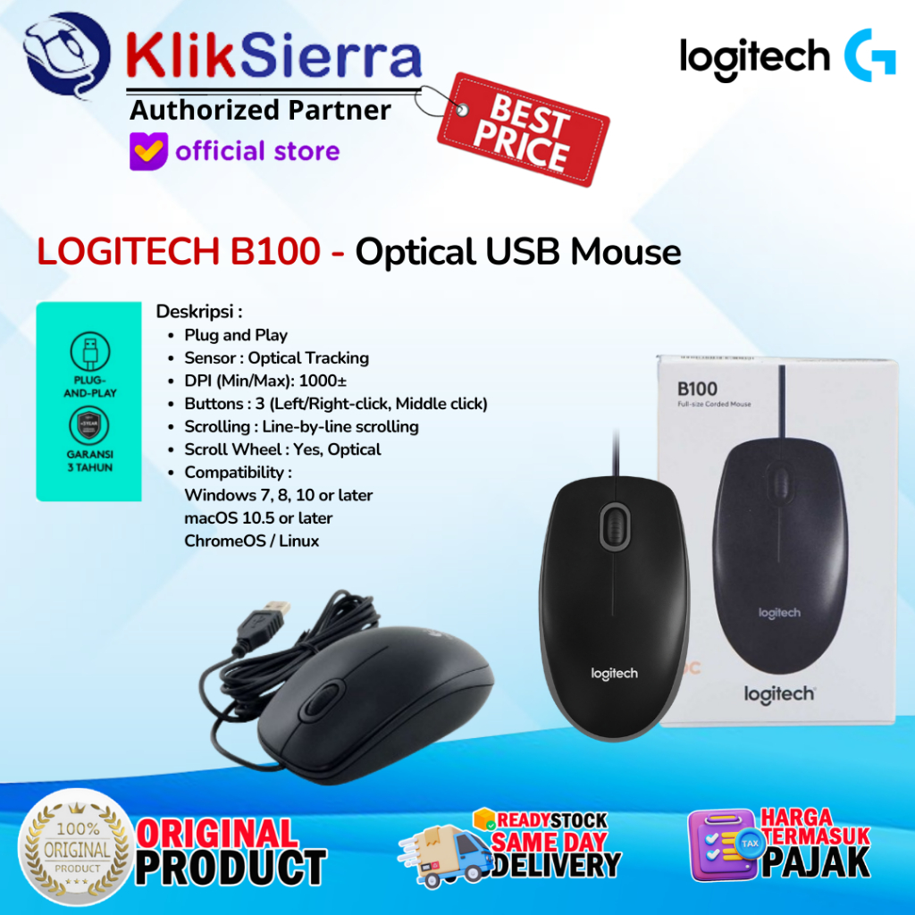 LOGITECH Mouse B100 USB Optical WIred