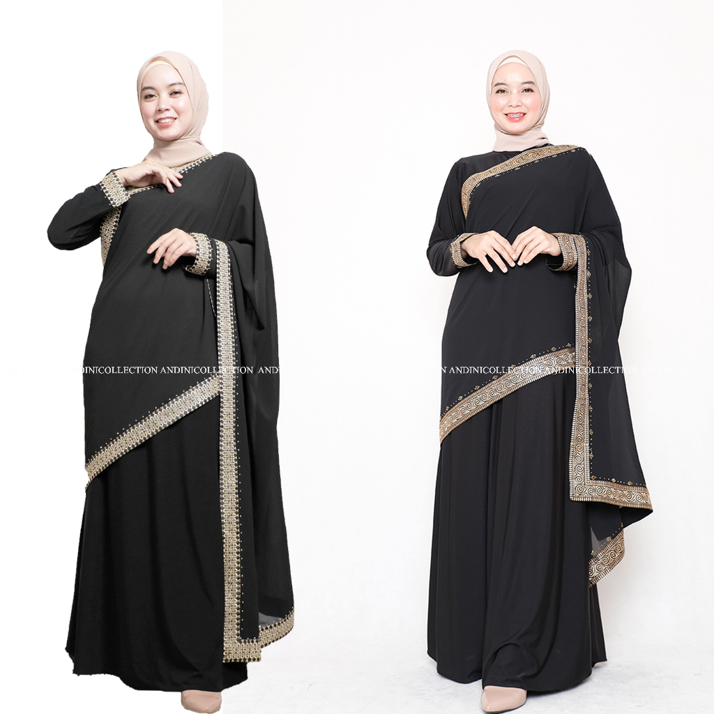 Andinicollection Abaya ตุรกี 130 Amarta สีดําและสีขาวผ้าคลุมไหล่อินเดียสําหรับผู้ใหญ่มุสลิมหรูหราเย็บปักถักร้อยและเลื่อม Vol 1