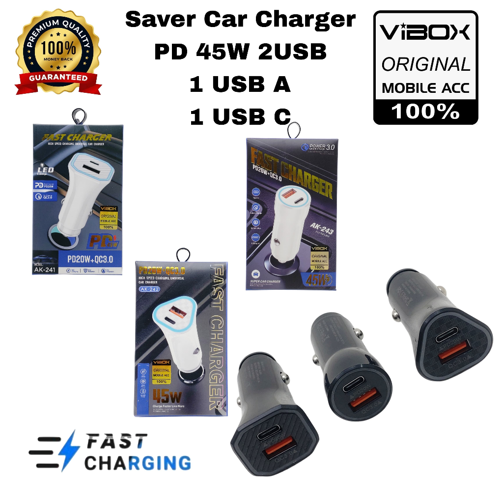 Vibox Car Charger 2 พอร์ต 45w Universal Car / Motorcycle Charger USB A + USB C Original AK241 AK242 