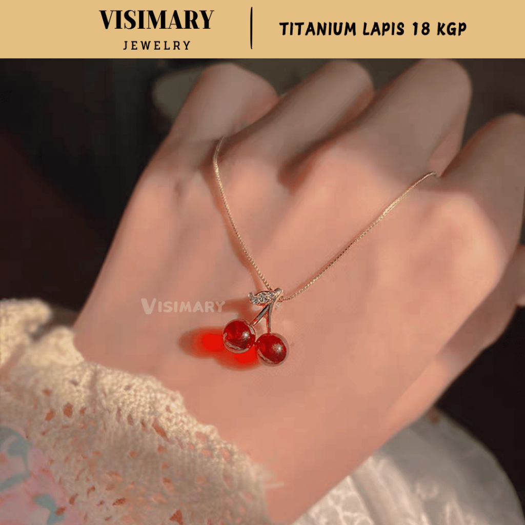 Visimary -K62 PREMIUM TITANIUM สร้อยคอผู้หญิง Nori Chain จี้ 2 สําหรับเชอร์รี่สวยสวยสแตนเลส 18K Gold