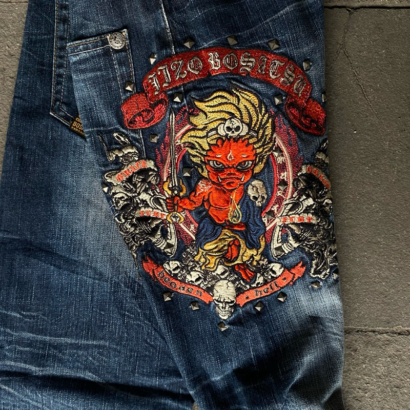 ญี่ปุ่น Jizo Bosatsu Nippon Blue Devil Gaijin เย็บปักถักร้อยสตั๊ด Denim