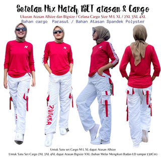 Setelan Senam 1Set Mix Match Atasan N Petir Merah Lis Putih dengan Cargo Zumba Parasut Putih Lis Merah Untuk Olahraga Wanita Aerobik Fitness Gym Outfit Running & Zumba