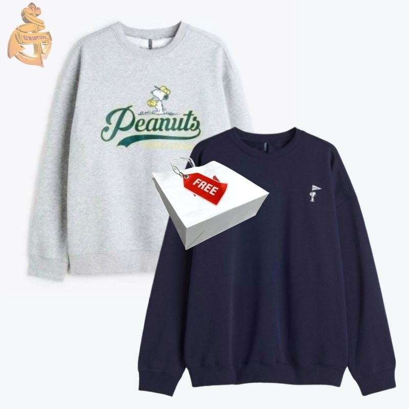 Hm Peanuts Grey Navy Hnm Crewneck Sweater สีดําผู้ชายผู้หญิงฟรีถุงกระดาษ