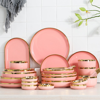 ASHOME Piring Makan Keramik Pink Gold / Piring Pink Keramik List Gold / Mangkuk Keramik Pink Gold Elegan / Piring Keramik Mewah / Piring Keramik Elegan / Piring Keramik Sultan / Piring Makan Aestetik