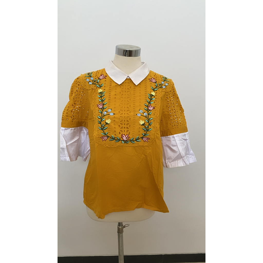 NAYA RIMINI JUMBO XXXL BLOUSE RIMINI BIG SIZE DRESS CODE สีเหลือง BROCADE TRUMPET SLEEVE PREMIUM QUA