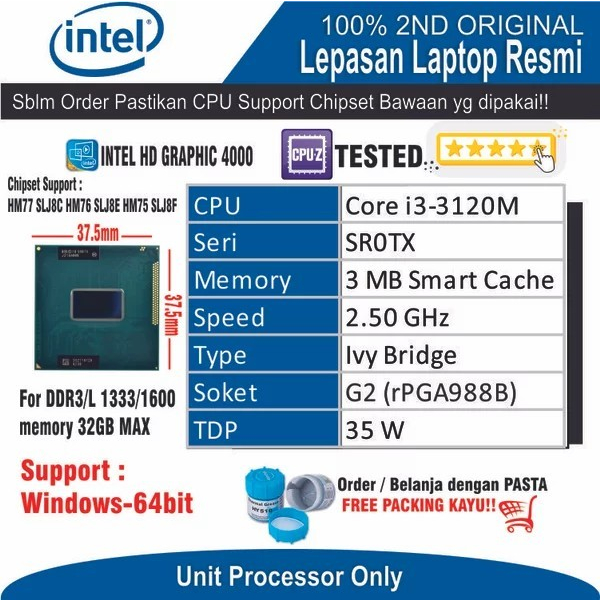 ET31 CPU-ITL-4 Intel Core i3-3120M แคช 3M 2.50 GHz โปรเซสเซอร์แล็ปท็อป
