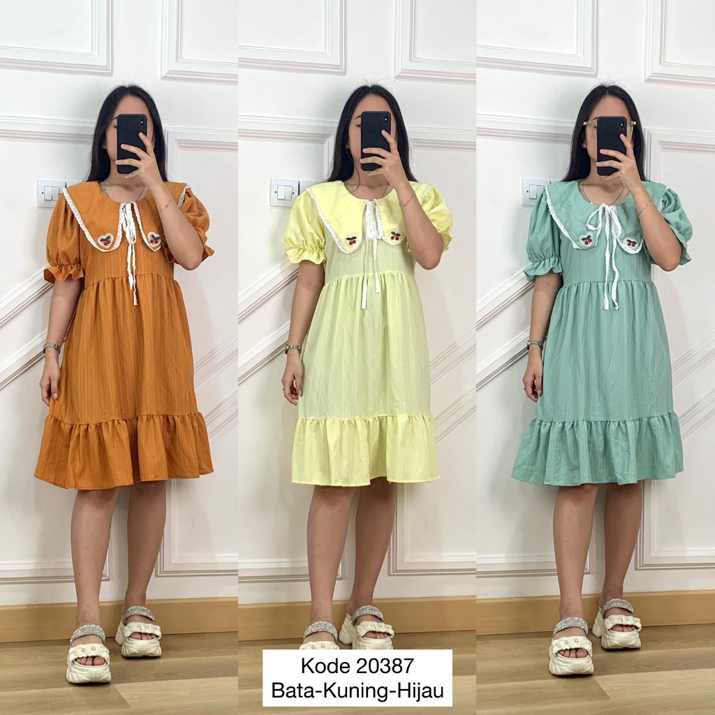 20387 PLAIN BKK DRESS V-NECK KOREAN RUMPLE VARIATION RIBBON STRAP CHERRY MOTIF 3D EMBROIDERY SHORT B